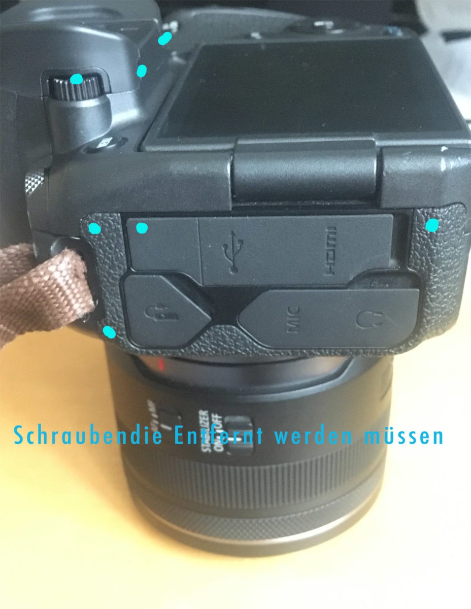 CANON R-Oberschale-markierte Schraubensitze zur Reparatur der abgerissenen Blitzschiene. 